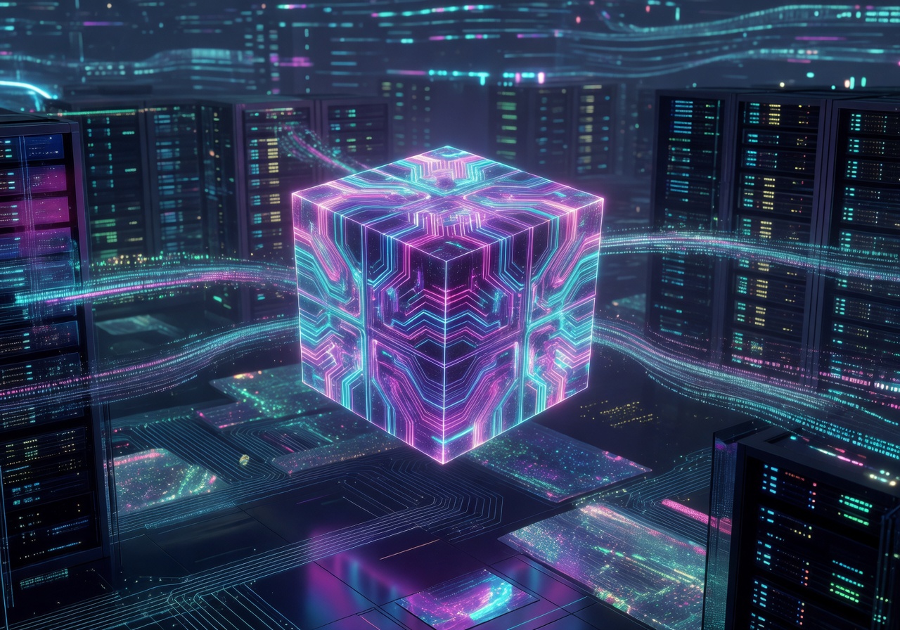 A floating holographic neon mystery box emitting cyan particles