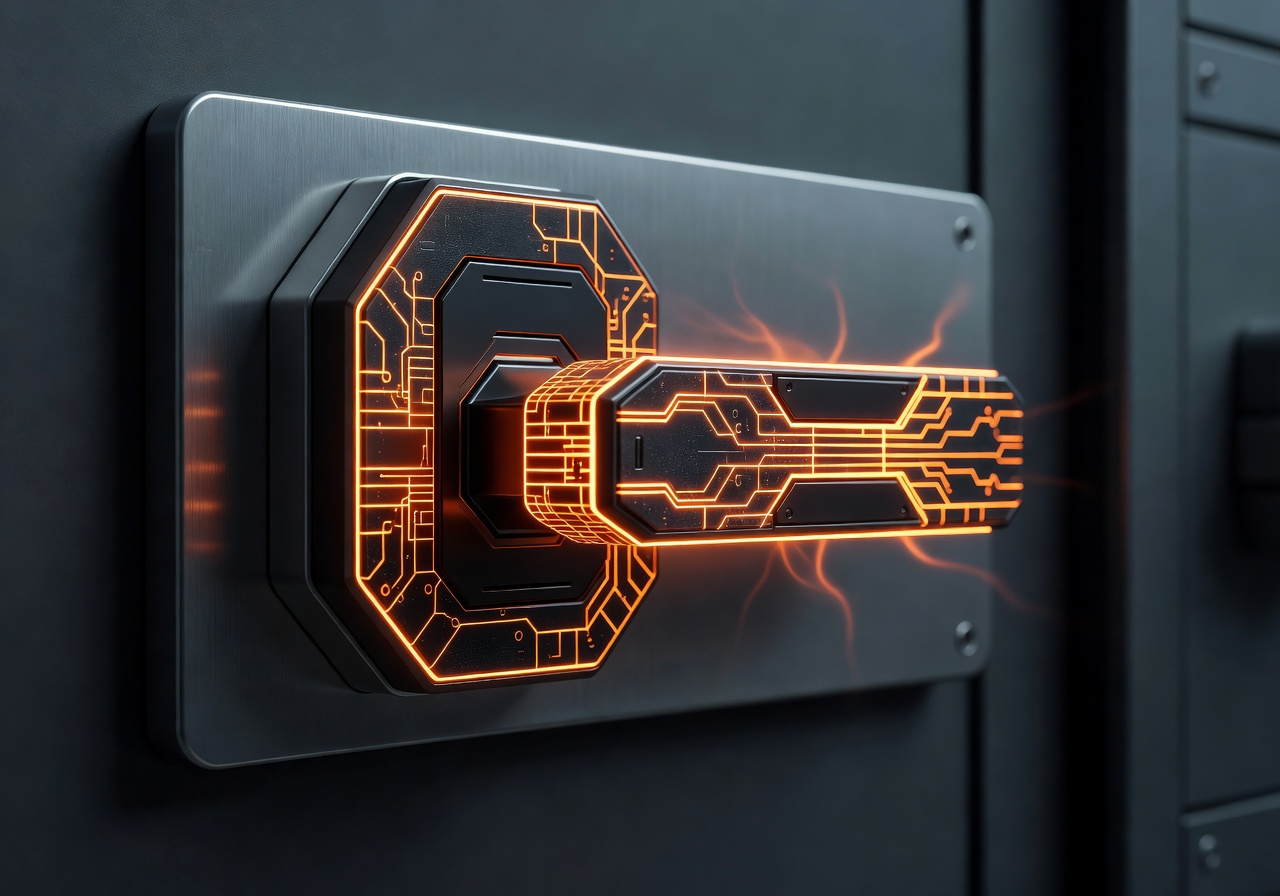 High tech orange circuit safety lock glowing with security grid lines
