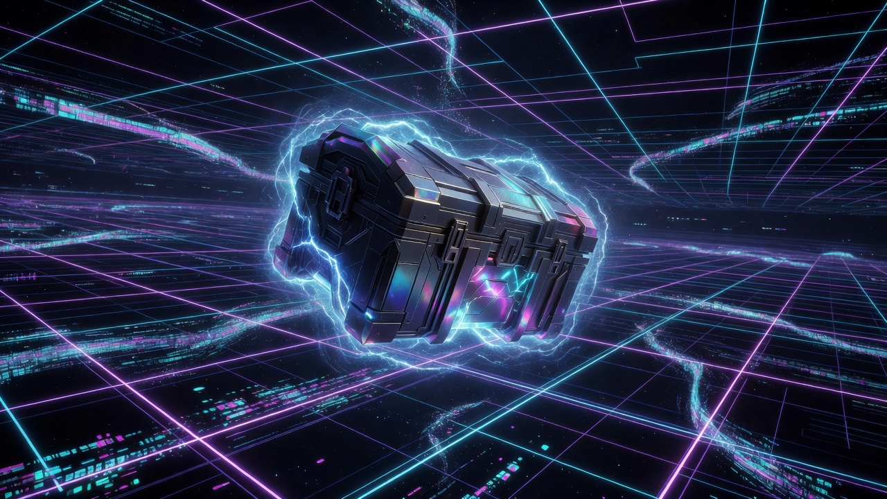 Cyberpunk neon mystery vault energy chest floating in cyberspace