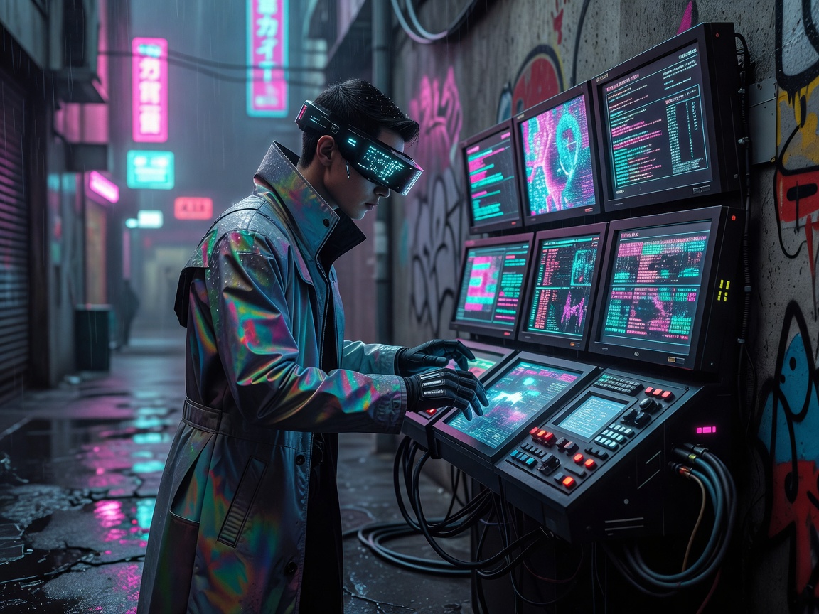 Cyberpunk stylized character looking at terminal panels