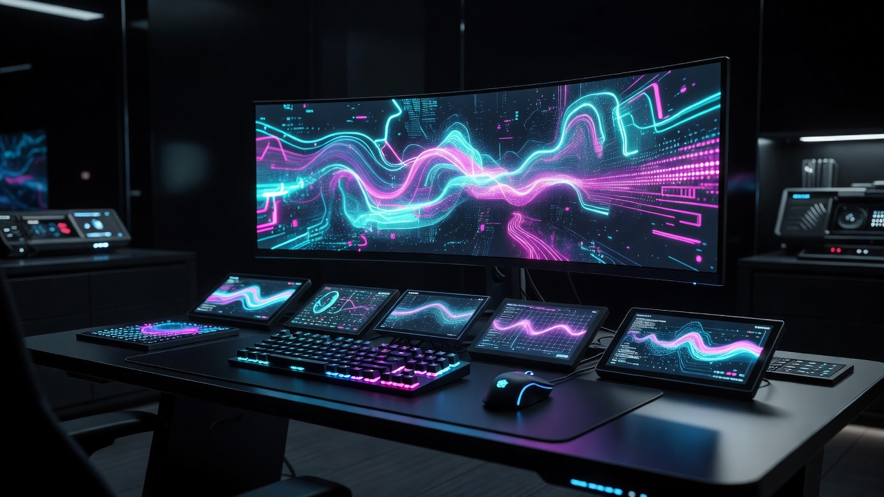 Futuristic gaming setup and glowing control panels