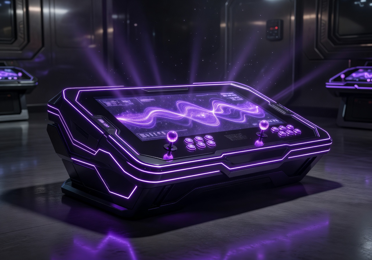 Pulsing arcade console radiating glowing violet neon lines