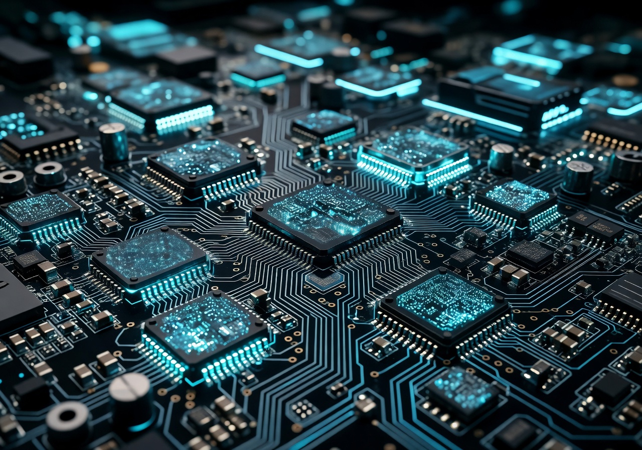 Glowing neon cyan cybernetic processing chip blueprint