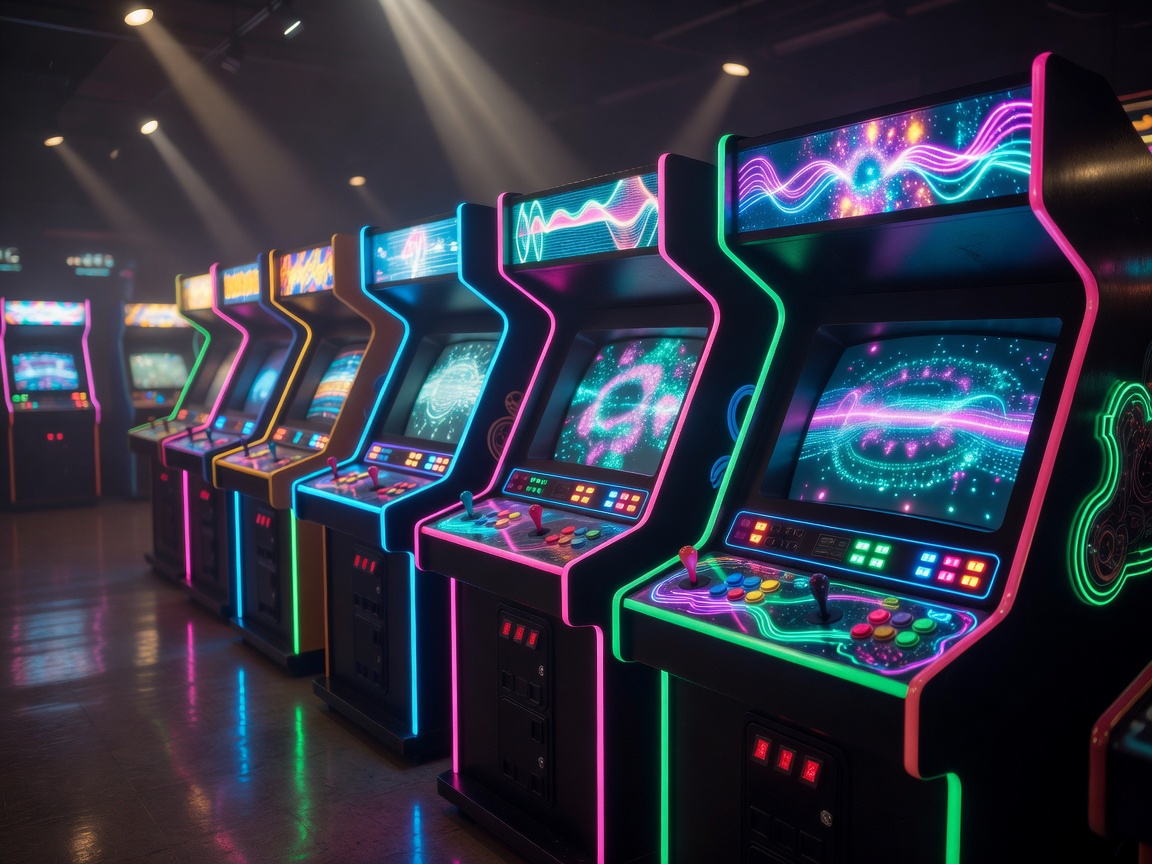 Neon glowing arcade cabinets with high tech dashboards